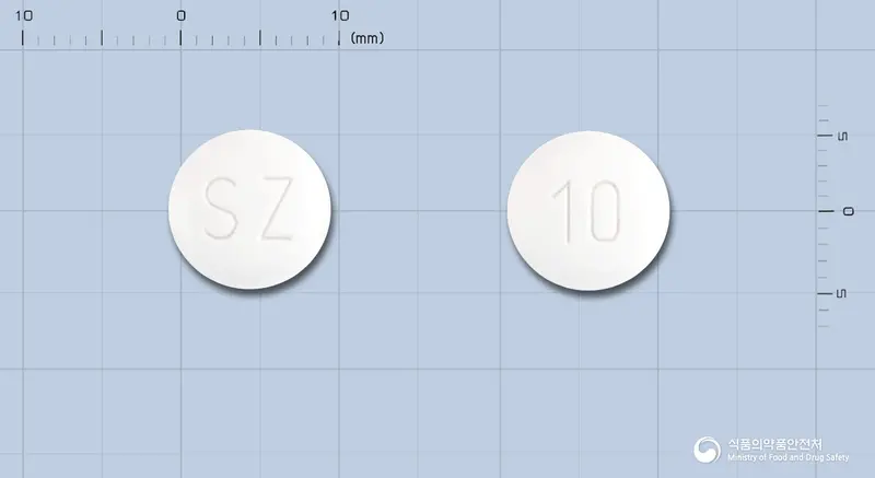 올란프레서정10mg(올란자핀) 앞뒤 사진 (흰색 원형, 각인 SZ / 10)