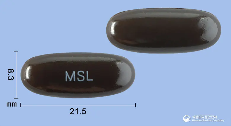 맥스리버연질캡슐350mg(밀크시슬열매건조엑스) 앞뒤 사진 (갈색 캡슐, 각인 MSL)