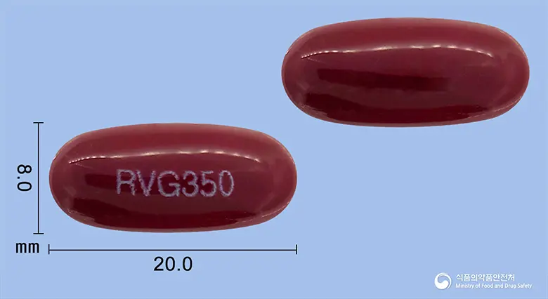 리버존연질캡슐350mg(밀크시슬열매건조엑스) 앞뒤 사진 (갈색 캡슐, 각인 RVG350)