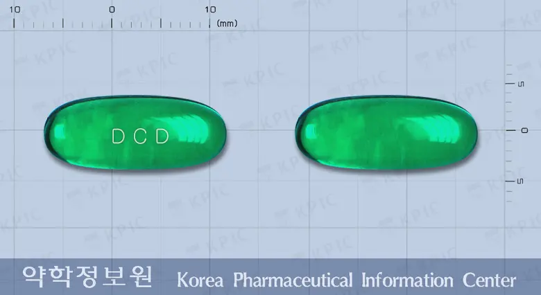 릴리펜덱시연질캡슐(덱시부프로펜) 앞뒤 사진 (초록색 캡슐, 각인 DCD)
