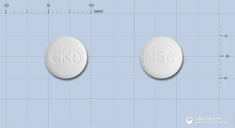 칼루타미정150밀리그램(비칼루타미드) 앞뒤 사진 (흰색 원형, 각인 CKD / 150)