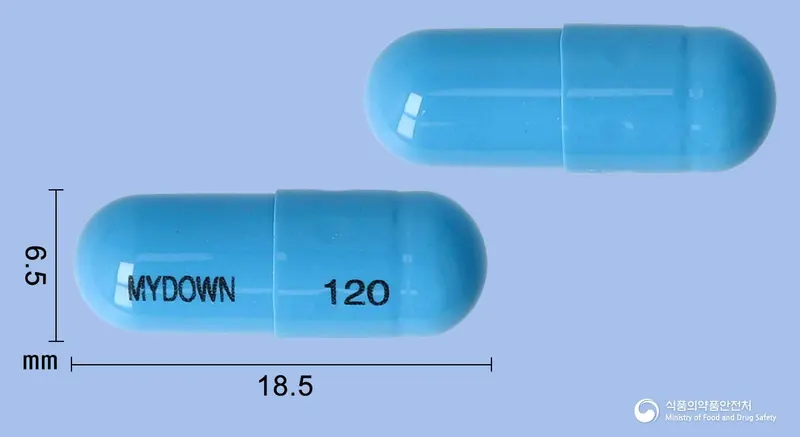 마이다운캡슐120밀리그램(오르리스타트) 앞뒤 사진 (파란색 캡슐, 각인 MYDOWN 120)