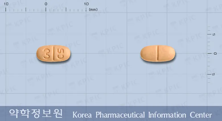 칸단테플러스정16/12.5mg 앞뒤 사진 (주황색 타원형, 각인 CS)