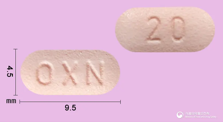 타진서방정 20/10mg 앞뒤 사진 (분홍색 장방형, 각인 OXN / 20)