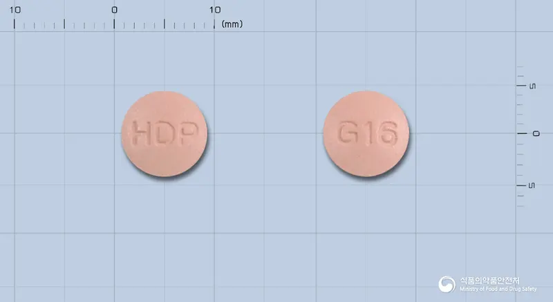 타미린서방정16밀리그램(갈란타민브롬화수소산염) 앞뒤 사진 (분홍색 원형, 각인 HDP / G16)