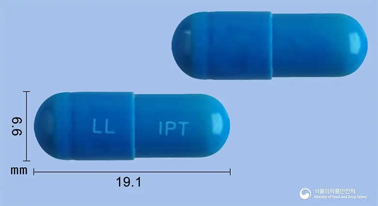 이튼튼캡슐 앞뒤 사진 (파란색 캡슐, 각인 LL IPT)
