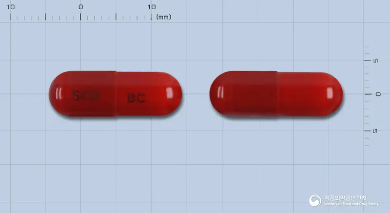 베리콜 콜드 캡슐 앞뒤 사진 (빨간색 캡슐, 각인 SCD BC)