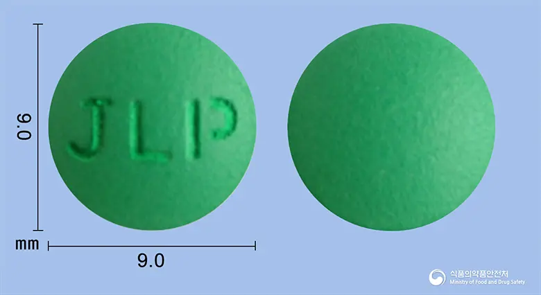경남징코신정120mg(은행엽건조엑스) 앞뒤 사진 (초록색 원형, 각인 JLP)