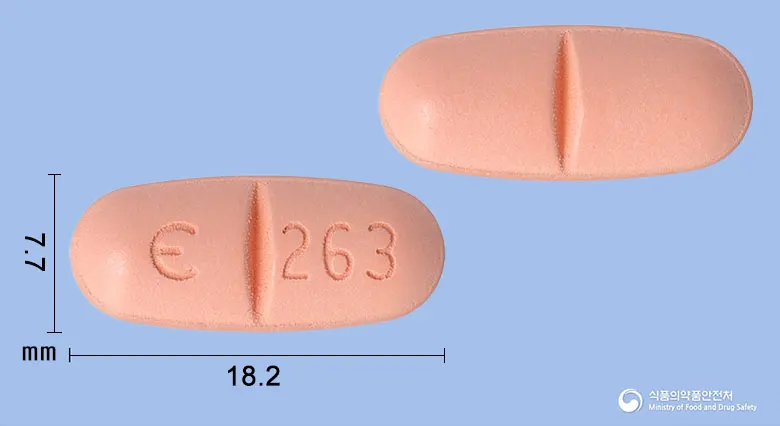 이노베론필름코팅정400mg (루피나미드) 앞뒤 사진 (분홍색 타원형, 각인 263)