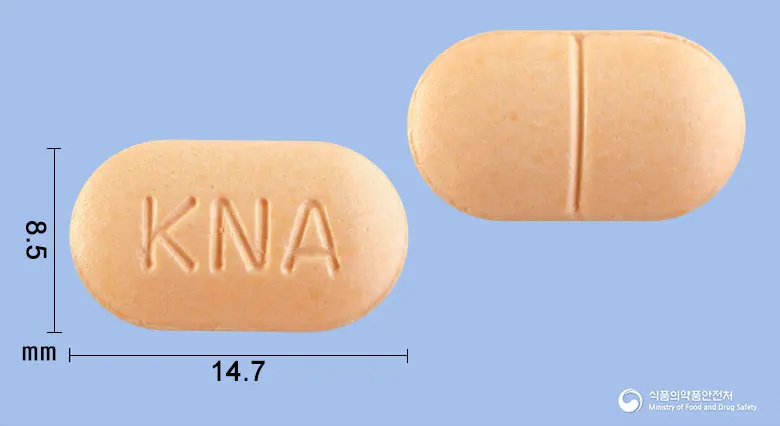 알졸타정400mg(알벤다졸) 앞뒤 사진 (주황색 장방형, 각인 KNA)