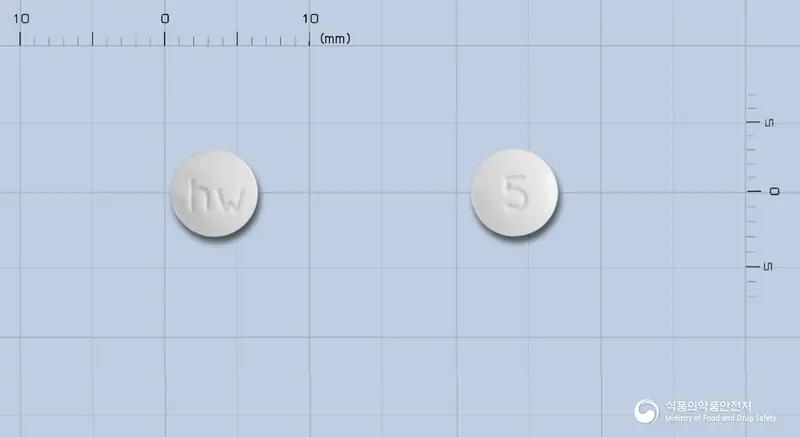 아프릴정5mg(이미다프릴염산염) 앞뒤 사진 (흰색 원형, 각인 hw / 5)