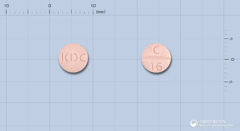 고려칸데사르탄정16밀리그램(칸데사르탄실렉세틸) 앞뒤 사진 (분홍색 원형, 각인 KDC / C 16)