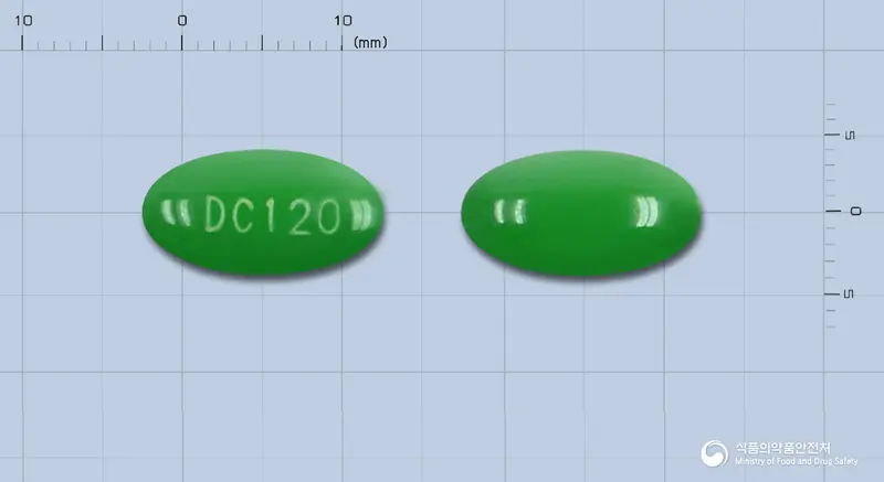 써큐로드연질캡슐120mg(은행엽건조엑스) 앞뒤 사진 (초록색 캡슐, 각인 DC120)