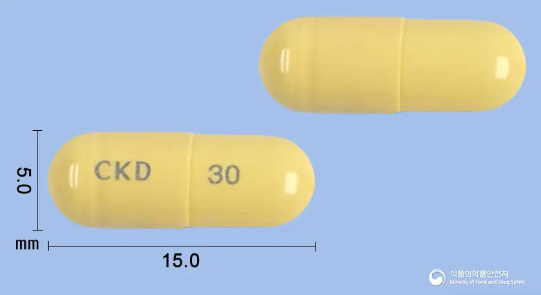 타미비어캡슐30밀리그램(오셀타미비르인산염) 앞뒤 사진 (노란색 캡슐, 각인 CKD 30)