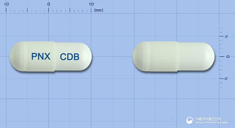 코디비캡슐 앞뒤 사진 (흰색 캡슐, 각인 PNX CDB)