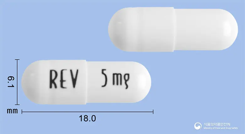 레블리미드캡슐5밀리그램(레날리도마이드) 앞뒤 사진 (흰색 캡슐, 각인 REV 5mg)
