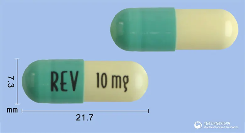레블리미드캡슐10밀리그램(레날리도마이드) 앞뒤 사진 (초록색 캡슐, 각인 REV 10mg)