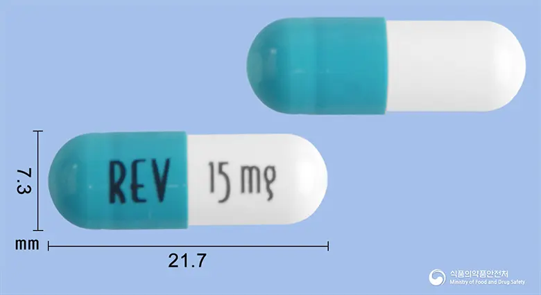 레블리미드캡슐15밀리그램(레날리도마이드) 앞뒤 사진 (파란색 캡슐, 각인 REV 15mg)