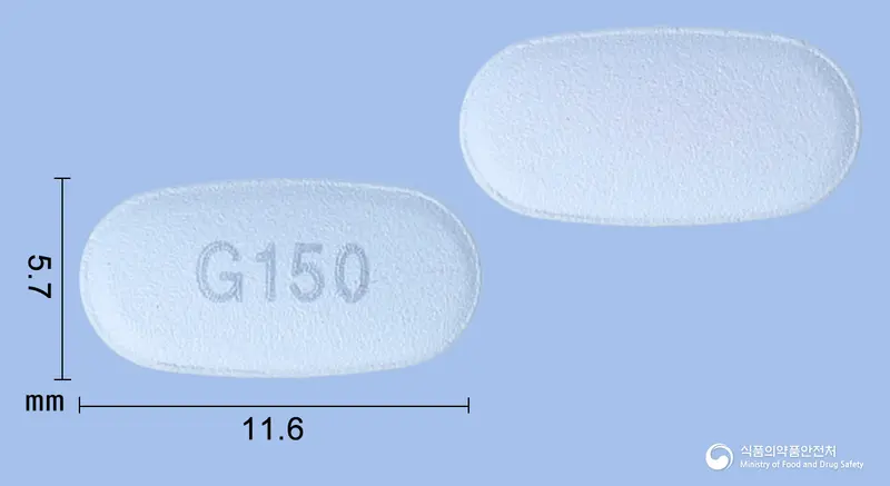 지노티넬정150밀리그램(리세드론산나트륨일수화물) 앞뒤 사진 (파란색 타원형, 각인 G150)