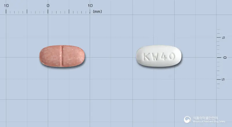 미카탄플러스정40/12.5밀리그램 앞뒤 사진 (분홍색 타원형, 각인 KW40)