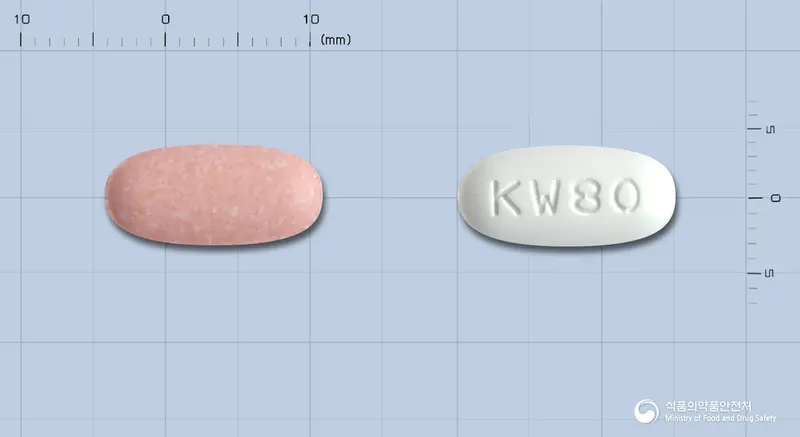 미카탄플러스정80/12.5밀리그램 앞뒤 사진 (분홍색 타원형, 각인 KW80)
