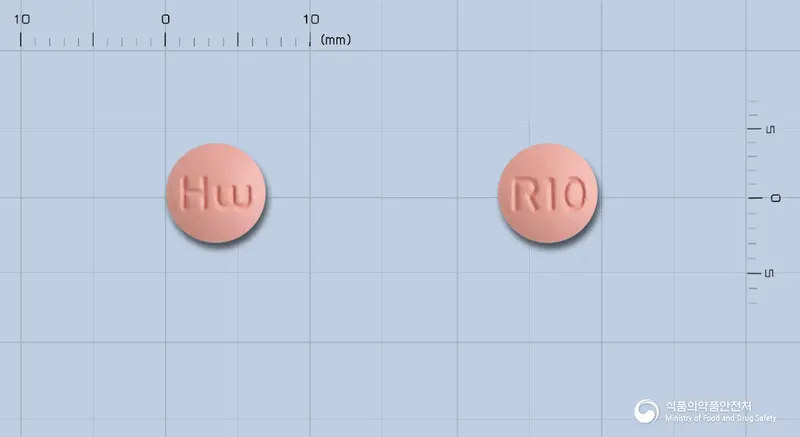 로레스토정10mg(로수바스타틴칼슘) 앞뒤 사진 (분홍색 원형, 각인 R10)