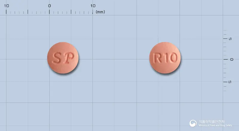 콜로스타정10밀리그램(로수바스타틴칼슘) 앞뒤 사진 (분홍색 원형, 각인 R10)