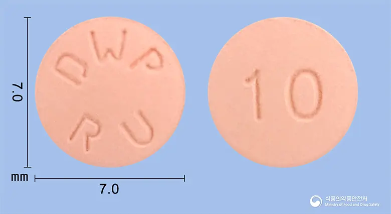 크로우정10mg(로수바스타틴칼슘) 앞뒤 사진 (분홍색 원형, 각인 DWPRU / 10)