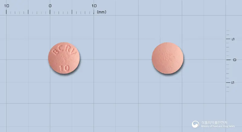 스타로바정10mg(로수바스타틴칼슘) 앞뒤 사진 (분홍색 원형, 각인 BCRV 10)