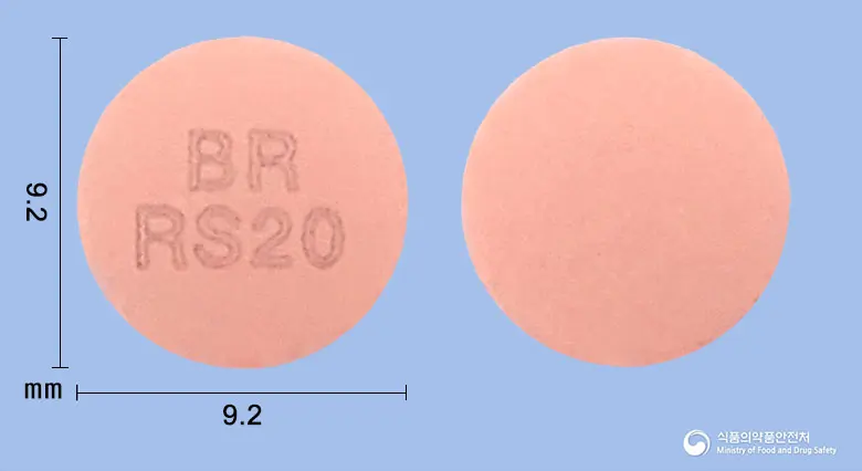 크레산트정20밀리그램(로수바스타틴칼슘) 앞뒤 사진 (분홍색 원형, 각인 BRRS20)