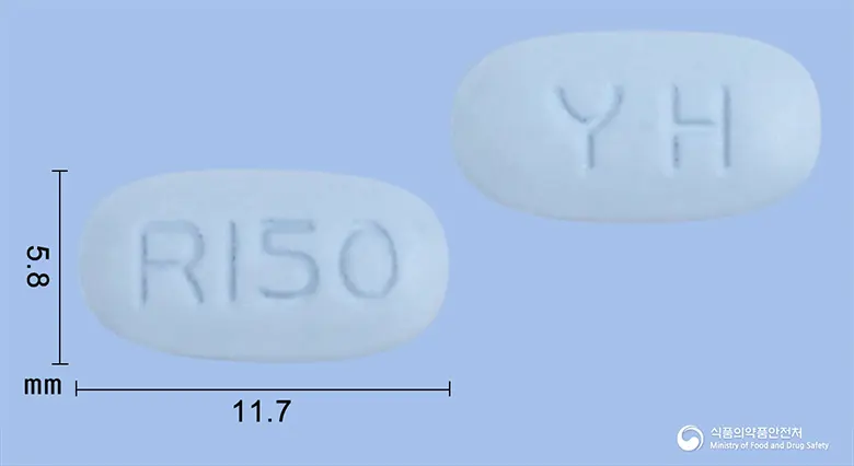 리스넬정150밀리그램(리세드론산나트륨일수화물) 앞뒤 사진 (파란색 장방형, 각인 R150 / YH)