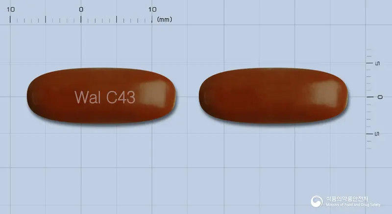 헬스라민연질캡슐 앞뒤 사진 (갈색 캡슐, 각인 Wal C43)