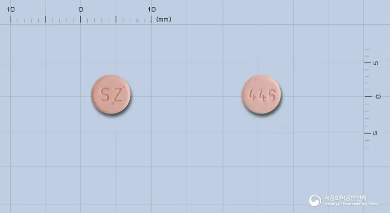 산도스아리피프라졸정10mg 앞뒤 사진 (분홍색 원형, 각인 SZ / 446)