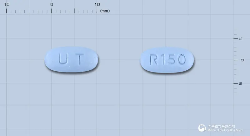 리세맥정150밀리그램(리세드론산나트륨2.5수화물) 앞뒤 사진 (파란색 타원형, 각인 UT / R150)