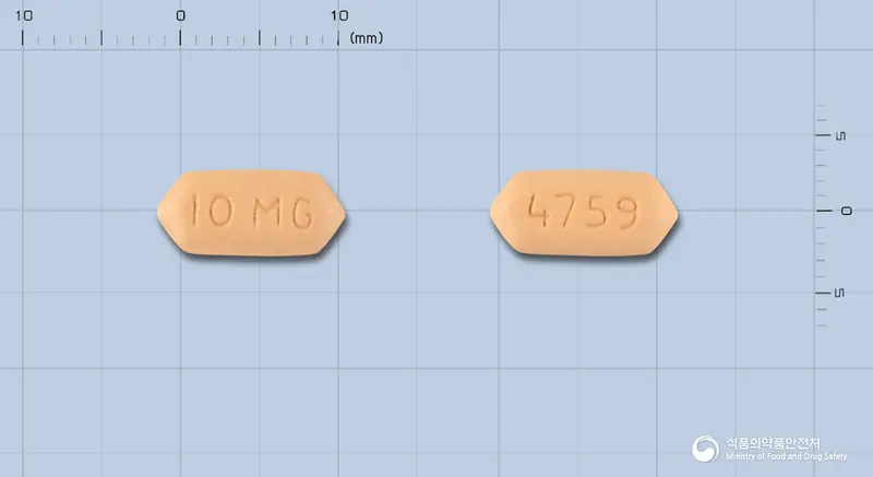 에피언트정10밀리그램(프라수그렐염산염) 앞뒤 사진 (주황색 육각형, 각인 10MG / 4759)