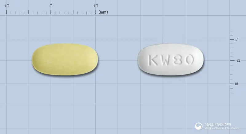 미카탄플러스정80/25밀리그램 앞뒤 사진 (노란색 타원형, 각인 KW80)