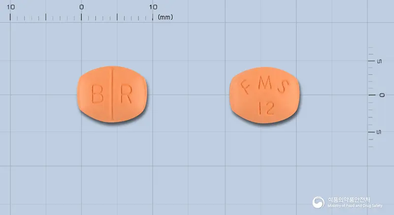 카나브정120밀리그램(피마사르탄칼륨삼수화물) 앞뒤 사진 (주황색 육각형, 각인 B R / FMS12)
