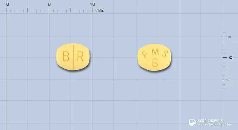카나브정60밀리그램(피마사르탄칼륨삼수화물) 앞뒤 사진 (노란색 육각형, 각인 B R / FMS6)