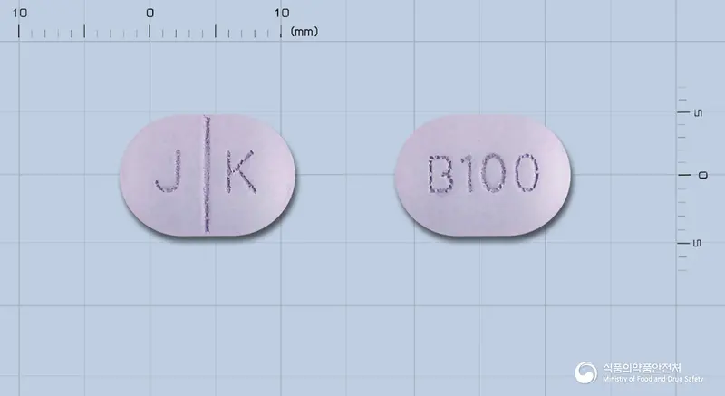브라본토정100밀리그램(미로데나필염산염) 앞뒤 사진 (보라색 장방형, 각인 J K / B100)