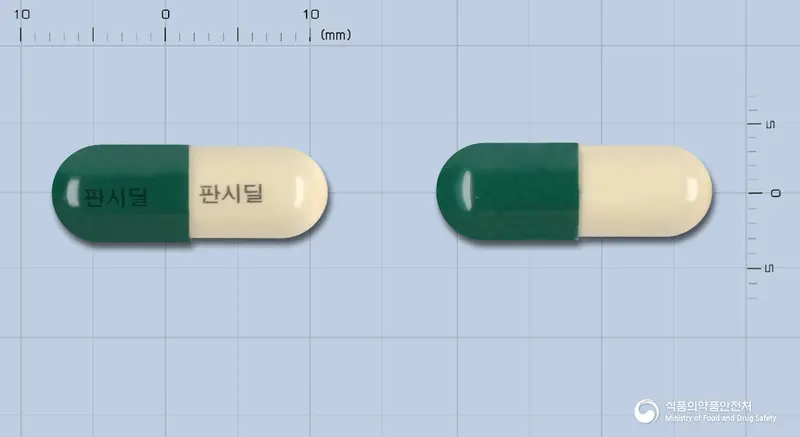 판시딜캡슐 앞뒤 사진 (초록색 캡슐, 각인 판시딜 판시딜)