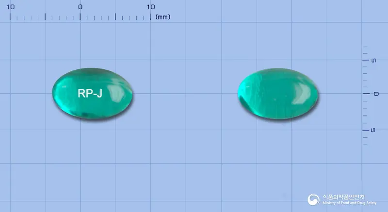 드림수연질캡슐25mg(디펜히드라민염산염) 앞뒤 사진 (청록색·투명 캡슐, 각인 RP-J)