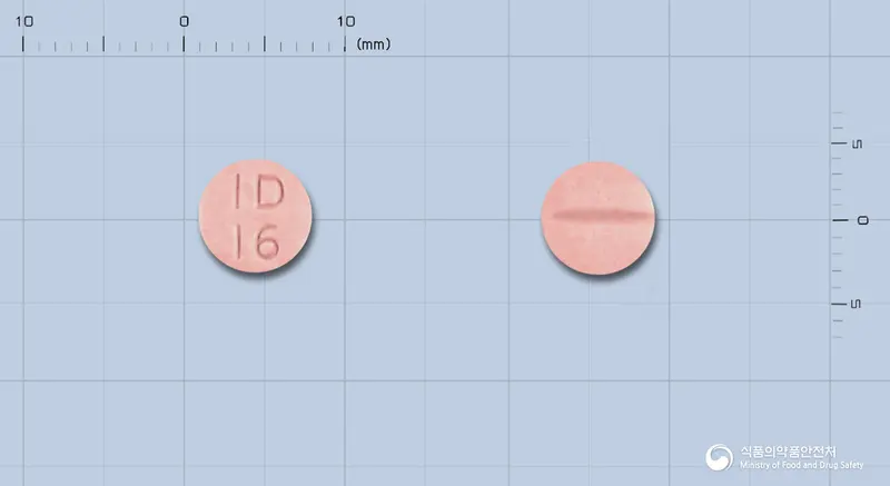칸데로탄정16밀리그램(칸데사르탄실렉세틸) 앞뒤 사진 (분홍색 원형, 각인 ID16)