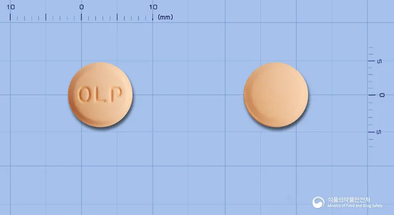 올메론플러스정20/12.5밀리그램 앞뒤 사진 (주황색 원형, 각인 OLP)