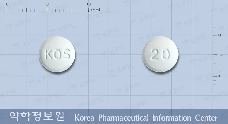 썬메텍정20밀리그램(올메사탄메독소밀) 앞뒤 사진 (흰색 원형, 각인 KOS / 20)