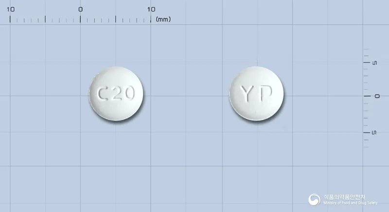 올메살탄정20밀리그램(올메사탄메독소밀) 앞뒤 사진 (흰색 원형, 각인 C20 / YP)