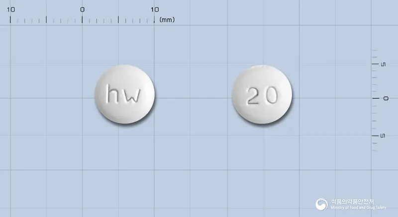 메사르정20밀리그램(올메사탄메독소밀) 앞뒤 사진 (흰색 원형, 각인 hw / 20)