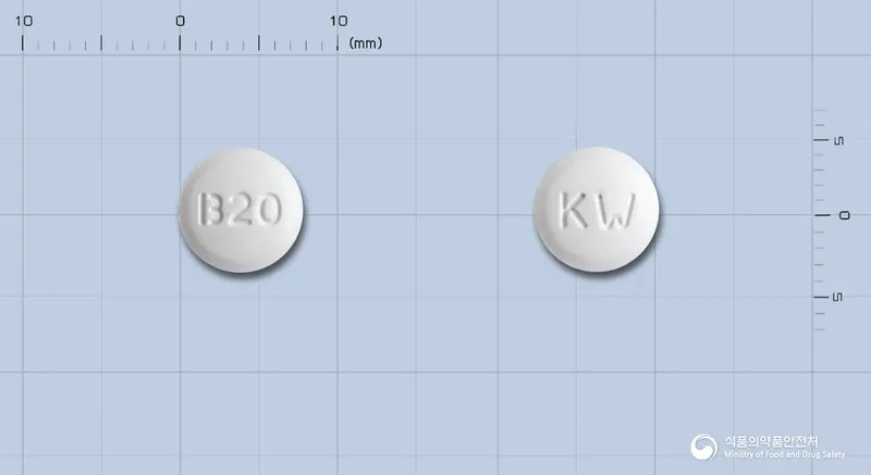 베니칸정20밀리그램(올메사탄메독소밀) 앞뒤 사진 (흰색 원형, 각인 B20 / KW)