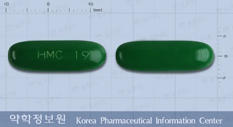 페롤민골드연질캡슐 앞뒤 사진 (초록색 캡슐, 각인 HMC 19)