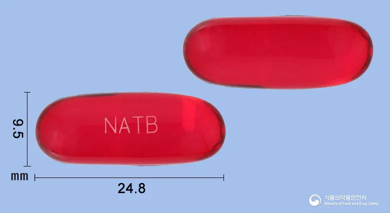 난타코연질캡슐 앞뒤 사진 (빨간색·투명 캡슐, 각인 NATB)