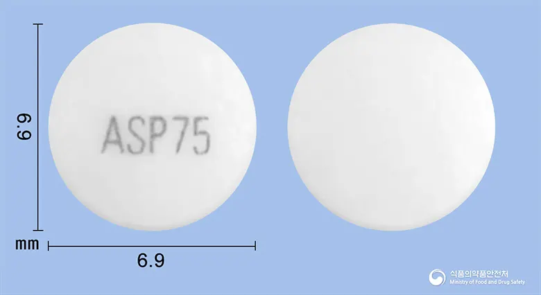 서클베인장용정75밀리그램(아스피린) 앞뒤 사진 (흰색 원형, 각인 ASP75)